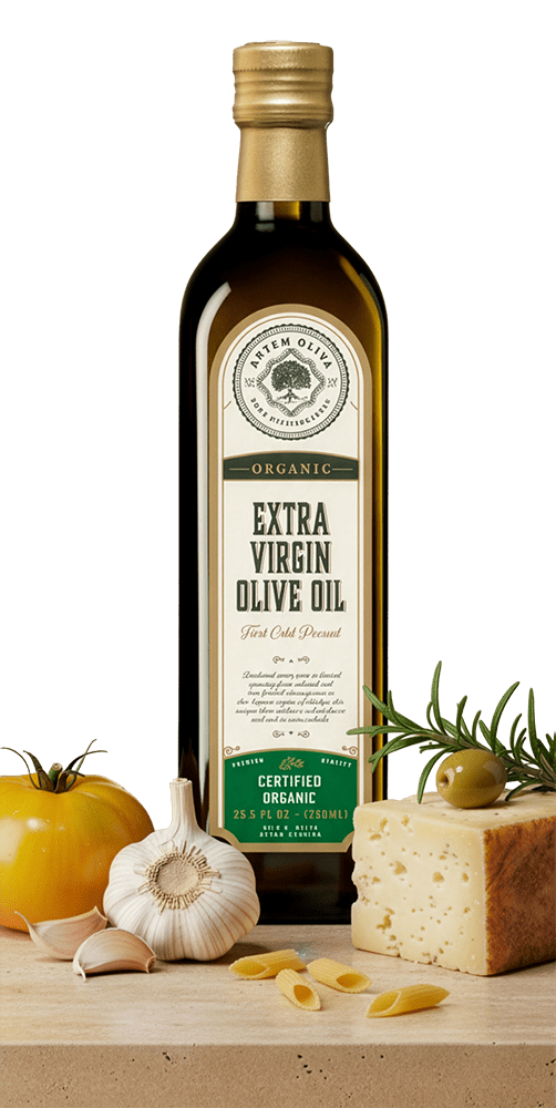 Artem Oliva organic extra virgin olive oil bottle with tomato, garlic, rosemary, cheese, olive, and pasta on a beige studio background.