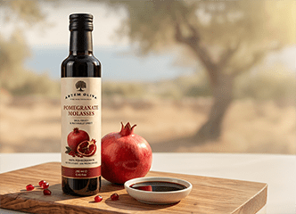 A 250ml bottle of Artem Oliva Pomegranate Molasses standing on a wooden board, displayed next to a fresh pomegranate, scattered ruby seeds, and a small white dish filled with dark molasses, all set against a sunlit, blurred orchard background.
