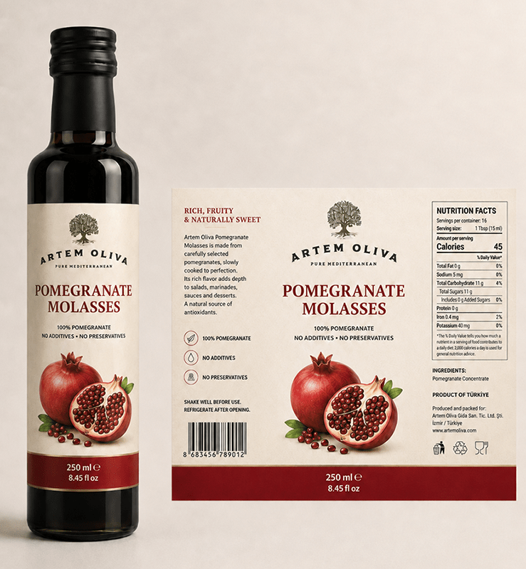 A product mockup of Artem Oliva Pomegranate Molasses, displaying a dark glass 250ml bottle on the left next to the unrolled, flat label design on the right.