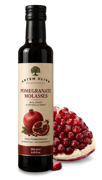 A dark glass, 250-milliliter bottle of Artem Oliva Pomegranate Molasses featuring a beige label with illustrations of fresh pomegranates.