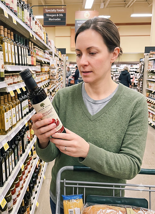 A woman in a supermarket aisle holding and reading the label of a bottle of Artem Oliva Pomegranate Molasses.